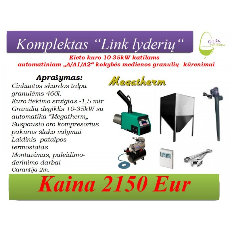 Medienos granulių degiklio komplektas, skirtas žemos kokybės granulių kūrenimui.